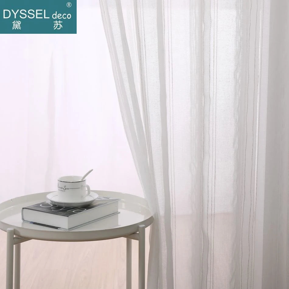 Rideau lin et tulle rayures style europeen salon - vue 3 sur 6