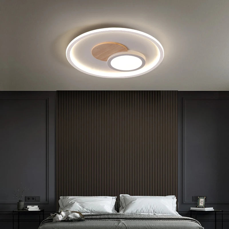 plafonnier rond moderne en bois véritable avec leds décoratives - vue 6 sur 16