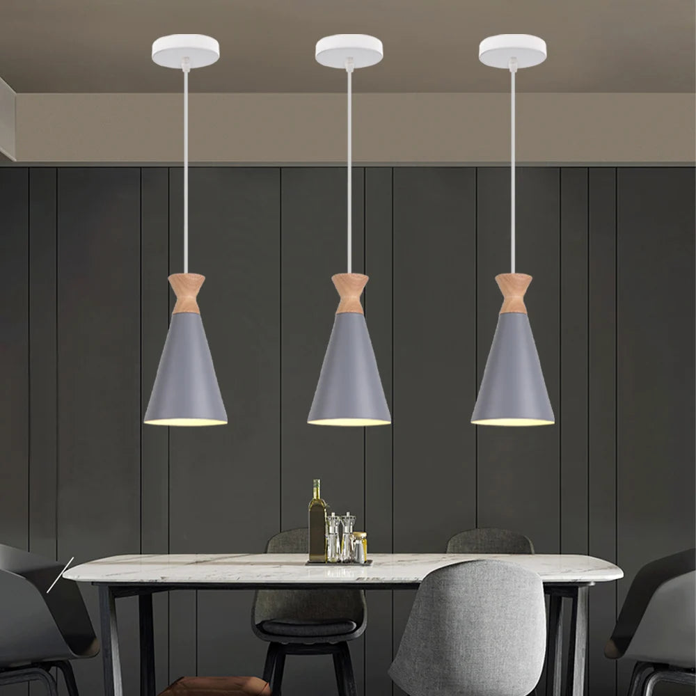 Nordique moderne LED E27 suspension intérieur bois suspension lampe luminaires maison cuisine chambre salon décor abat-jour - vue 3 sur 13