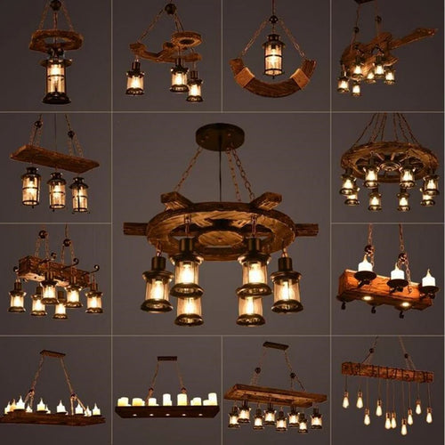 lustre vintage loft en bois avec suspension LED