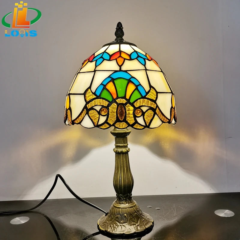 lampe à poser baroque européenne style tiffany en verre antique - vue 6 sur 6