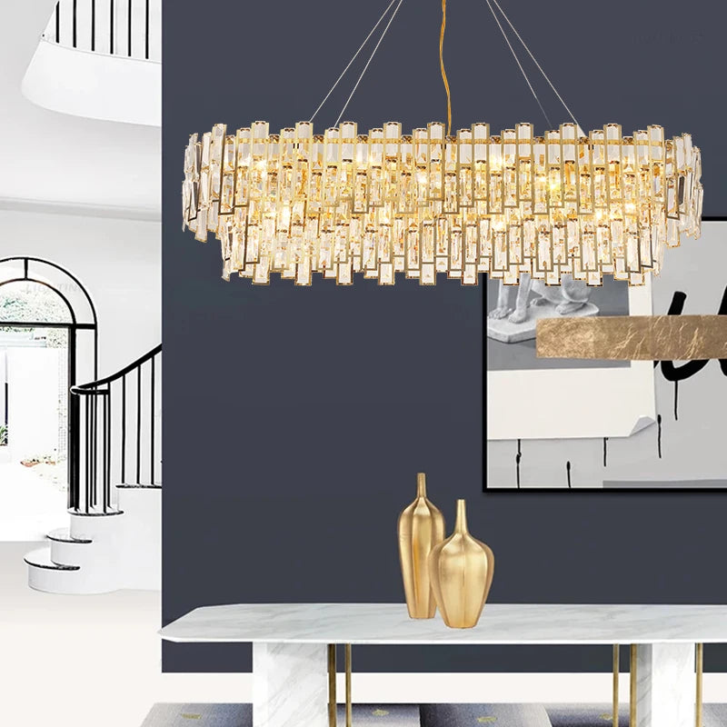 lustre design led moderne en cristal argenté et doré suspendu - vue 5 sur 13