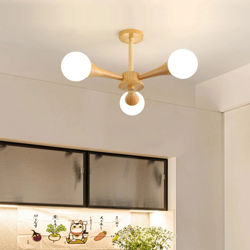 lustre moderne en bois avec abat-jour en verre - vue 5 sur 9