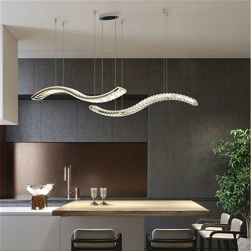 lustre moderne en cristal et acier inoxydable en longue bande