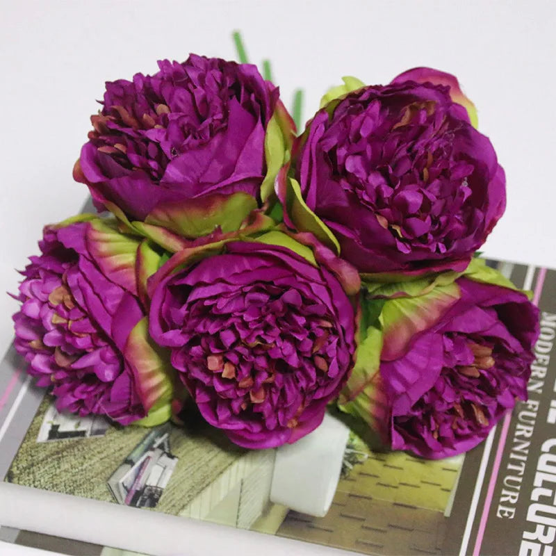 bouquet de 5 têtes de roses et pivoines artificielles pour mariage décoration - vue 7 sur 13