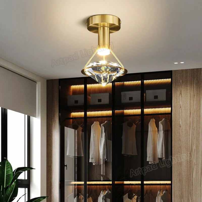 plafonnier de luxe en cuivre avec luminaire moderne en cristal