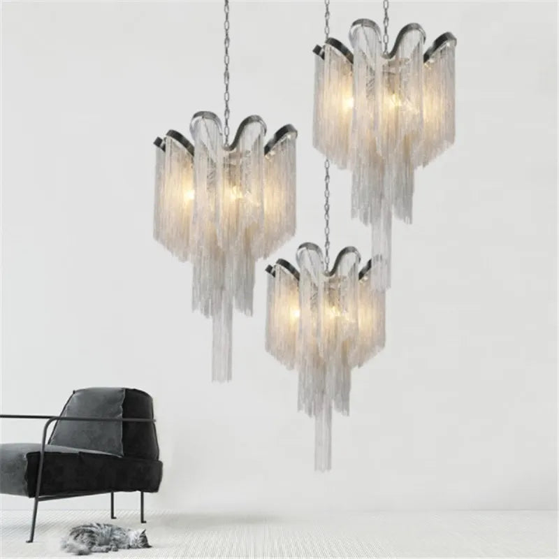 lustres modernes en aluminium avec chaîne et pompons à LED - vue 5 sur 6