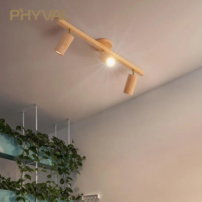 Plafonnier projecteurs spots sur rail LED nordique salon mur allée barre éclairage magasin de vêtements en bois - vue 4 sur 10