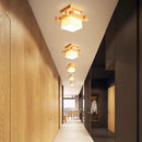 plafonnier led japonais avec abat-jour en verre et base en bois