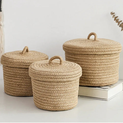 Cosmetics Storage Box, Jute Woven Basket, Tabletop Key, Remote Control Container, Snack Case with Cover Organizer, ECO Friendly - vue 2 sur 11