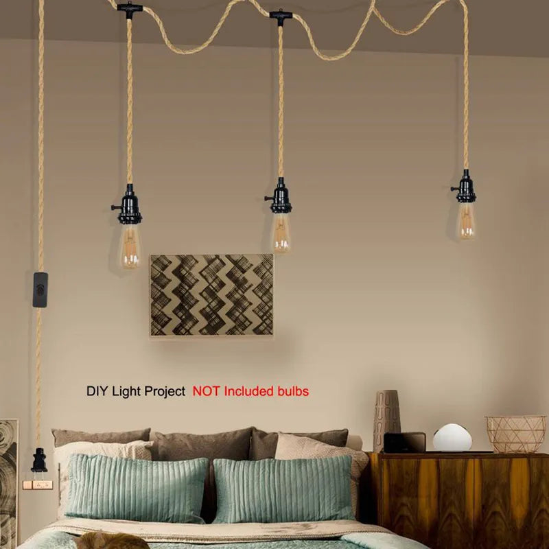 Vintage hemp rope pendant light 4.5/6.8m DIY indoor lighting with switch for living room, bedroom, dining room - vue 7 sur 8