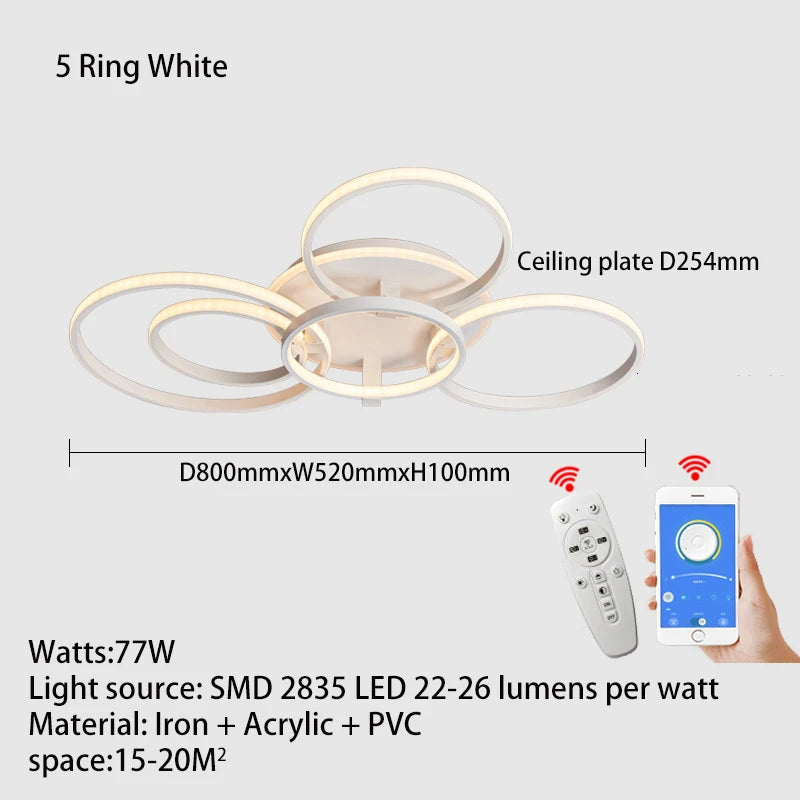 Lustre Led moderne anneau Led plafonniers salon chambre lumières plafond noir/blanc 1-5 anneau d'éclairage APP/lustre à distance - vue 15 sur 16
