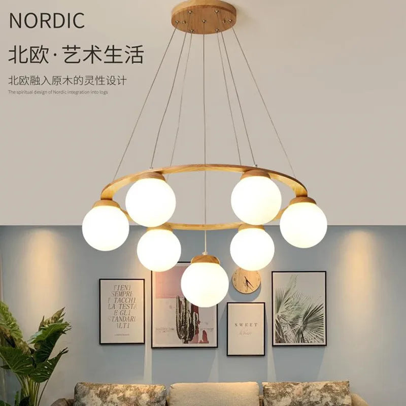 suspension nordique moderne en bois et verre blanc - vue 6 sur 15