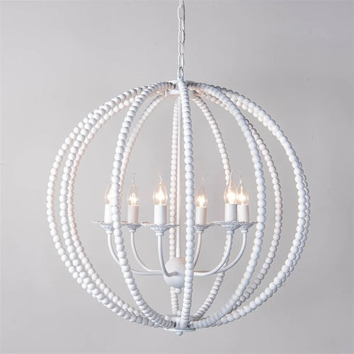 lustre rond en perles de bois style rétro rustique en fer blanc - vue 5 sur 11