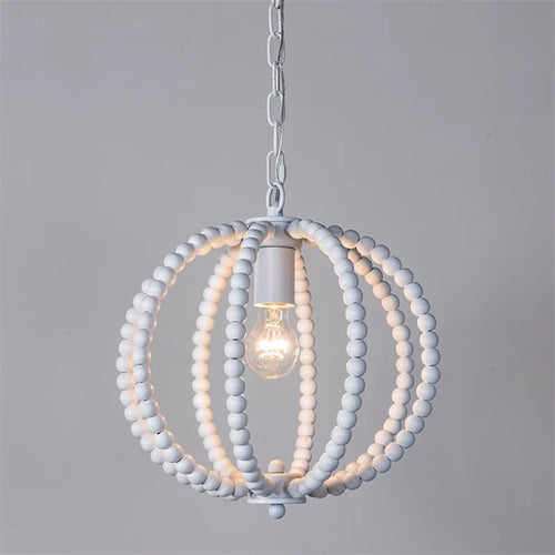 lustre rond en perles de bois style rétro rustique en fer blanc - vue 4 sur 11