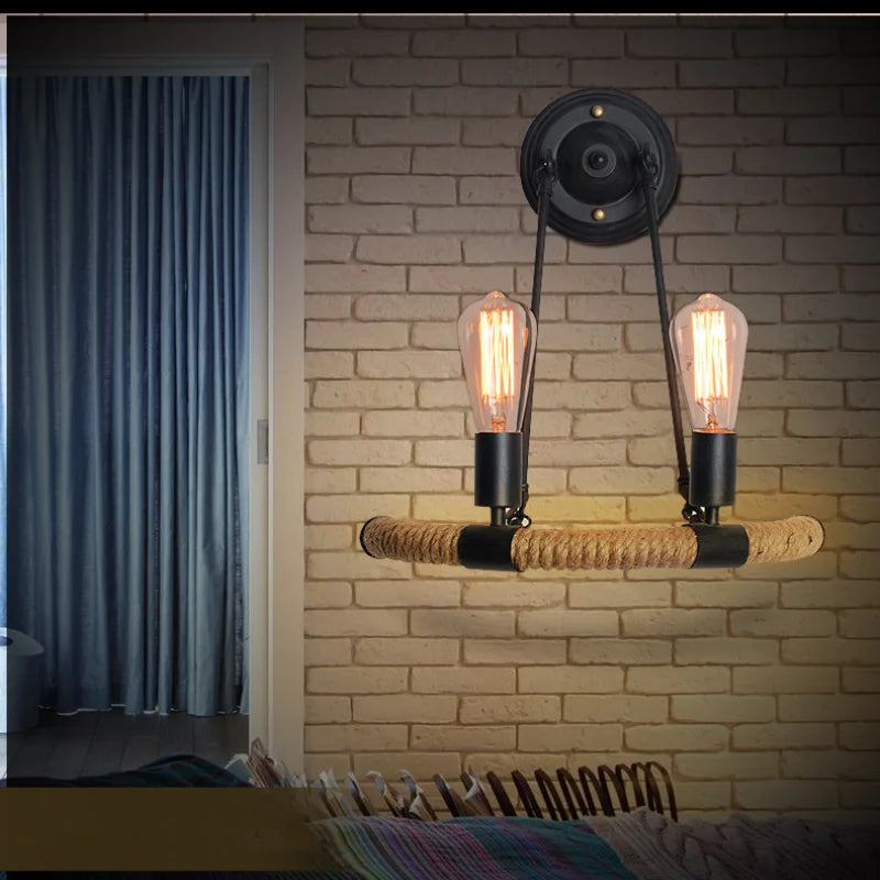 Vintage hemp rope wall light for loft and bar - vue 5 sur 6