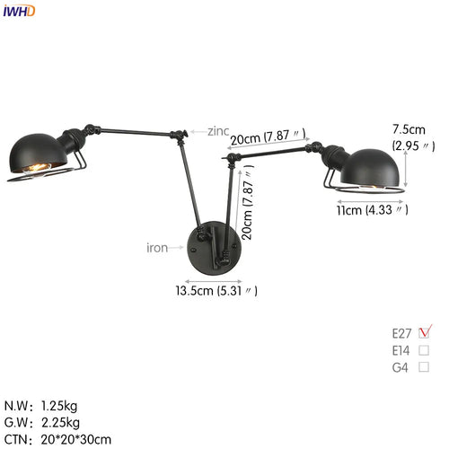 iwhd 2 heads vintage industrial loft LED wall light - vue 18 sur 21