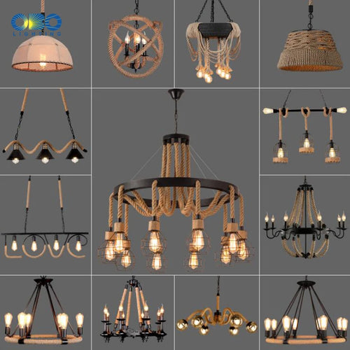 Vintage hemp rope chandelier with iron lampshade for bars and cafés - vue 4 sur 28
