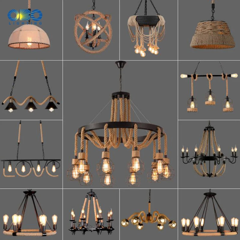 Vintage hemp rope chandelier with iron lampshade for bars and cafés - vue 3 sur 28