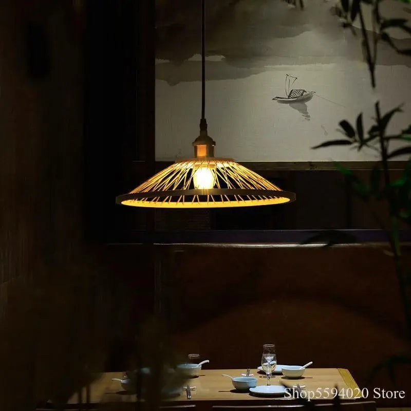 lustre restaurant en bambou chinois créatif led zen asie - vue 3 sur 6