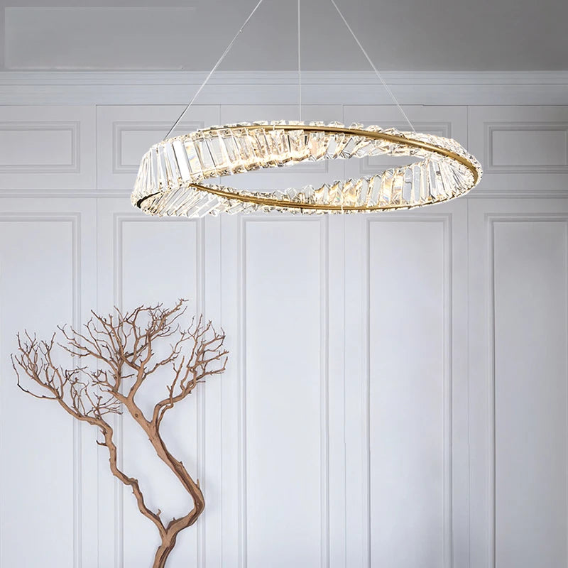 lustre moderne de luxe en cristal lampe annulaire suspendue - vue 5 sur 9