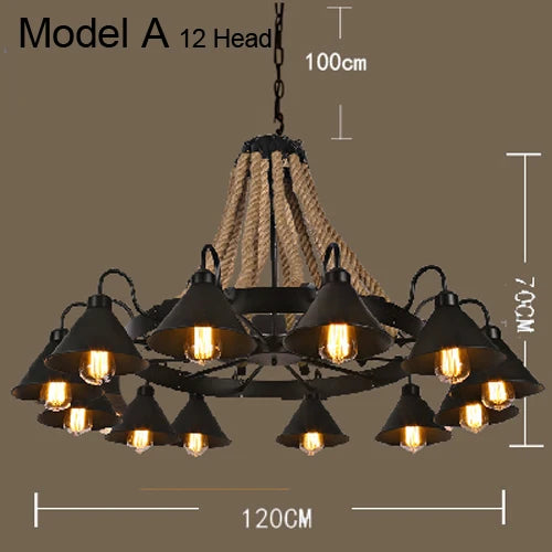 Vintage hemp rope chandelier with iron lampshade for bars and cafés - vue 13 sur 28