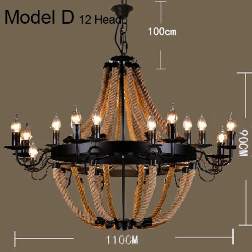 Vintage hemp rope chandelier with iron lampshade for bars and cafés - vue 26 sur 28