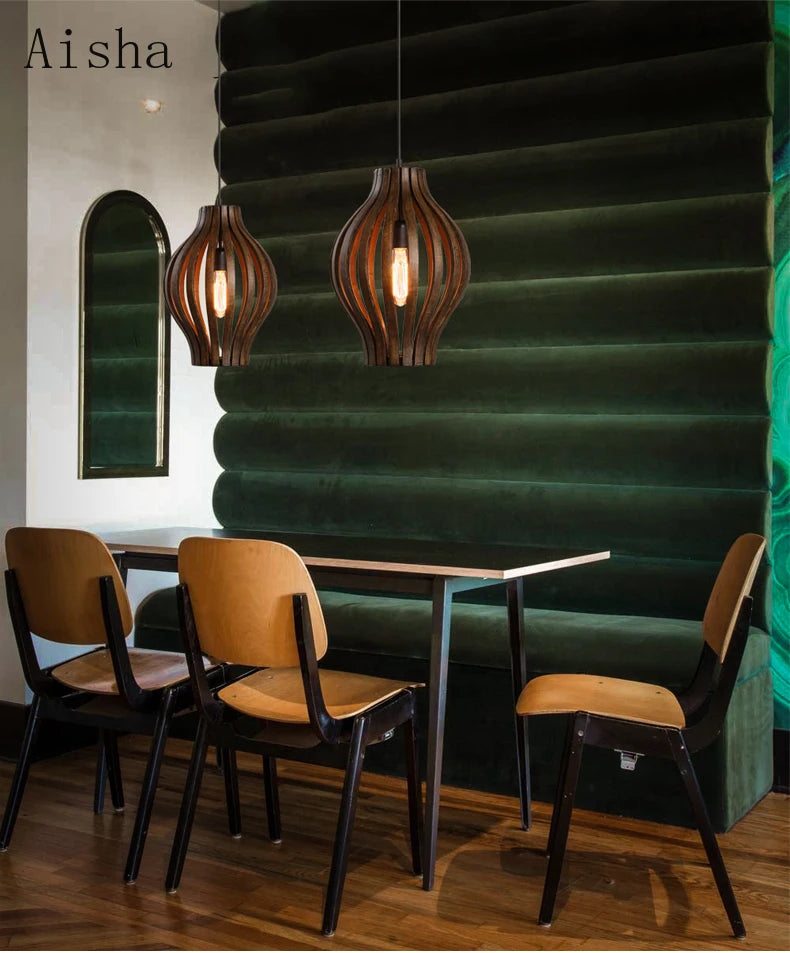 lustre rétro en bois style sud-est asiatique pour décoration intérieure - vue 4 sur 7