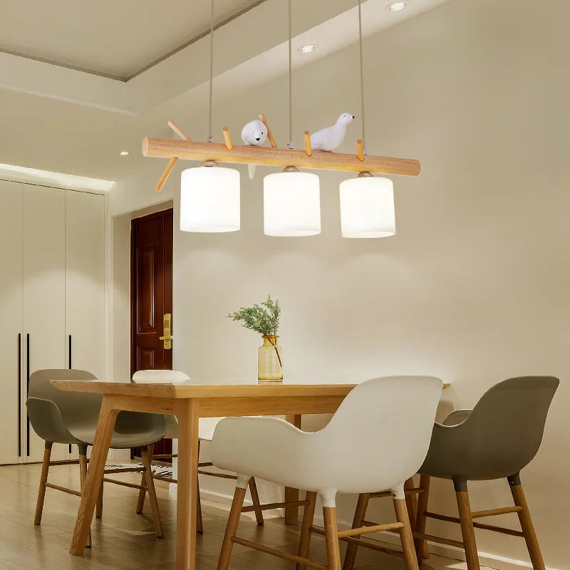 lustre en bois nordique avec éclairage en verre oiseaux 2 ou 3 têtes - vue 5 sur 8