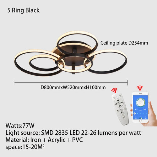 Lustre Led moderne anneau Led plafonniers salon chambre lumières plafond noir/blanc 1-5 anneau d'éclairage APP/lustre à distance - vue 17 sur 16