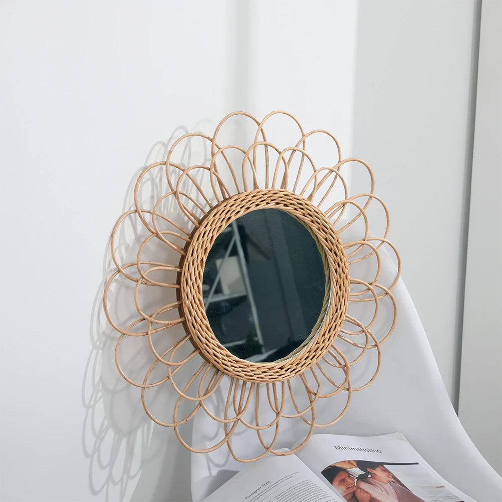miroir suspendu en rotin motif tournesol décoratif boho - vue 7 sur 6