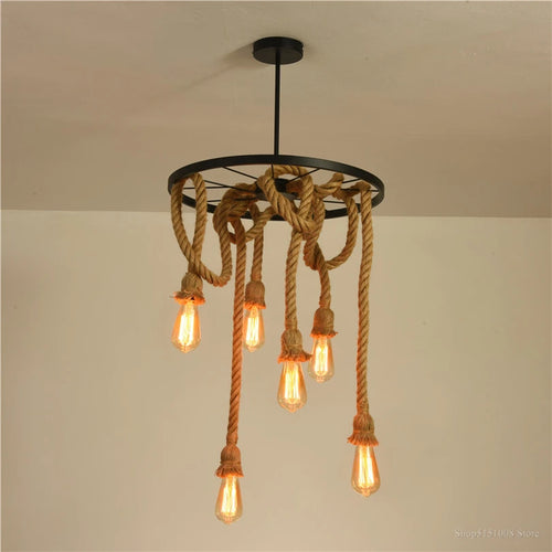 Vintage black iron pendant light with hemp rope - vue 2 sur 8