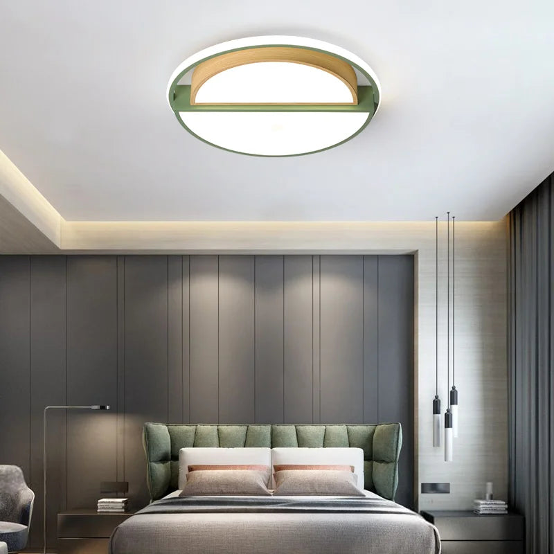 plafonnier rond minimaliste moderne en bois avec lampes led - vue 4 sur 9