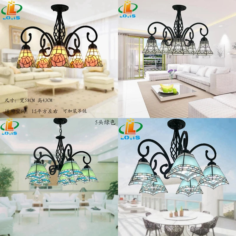 plafonnier en fer avec fleurs de rose en verre tiffany tendance - vue 2 sur 10