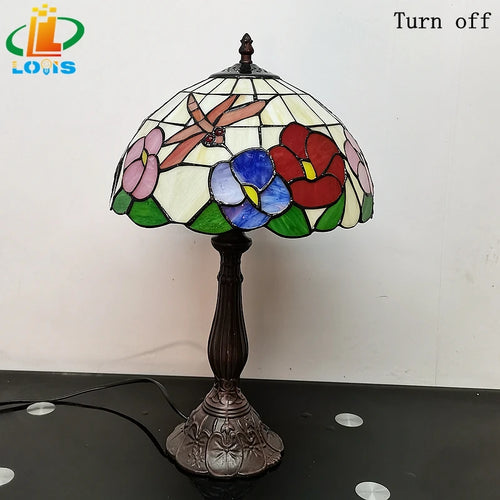 lampe de table style tiffany avec fleurs et libellules décorative - vue 7 sur 6