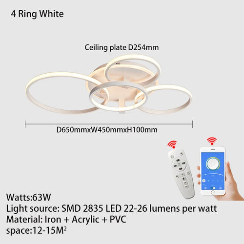 Lustre Led moderne anneau Led plafonniers salon chambre lumières plafond noir/blanc 1-5 anneau d'éclairage APP/lustre à distance - vue 14 sur 16