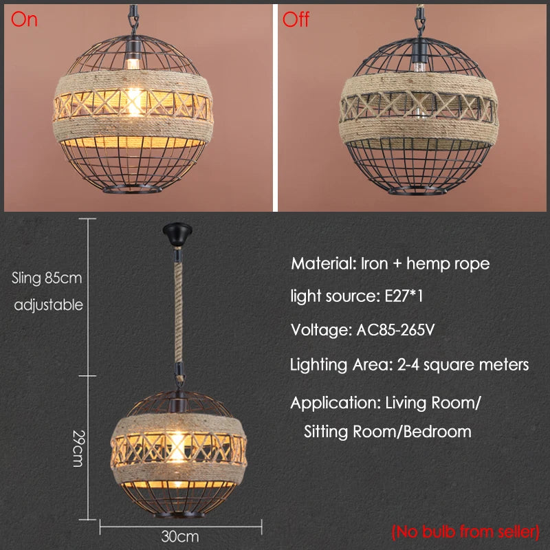 lustre rétro en corde de chanvre pour restaurant bar café - vue 3 sur 7