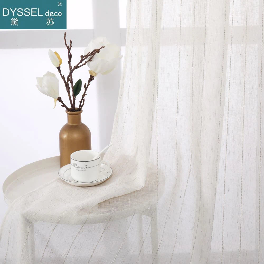 Voilage tulle flammé à rayures style naturel salon chambre - vue 5 sur 7