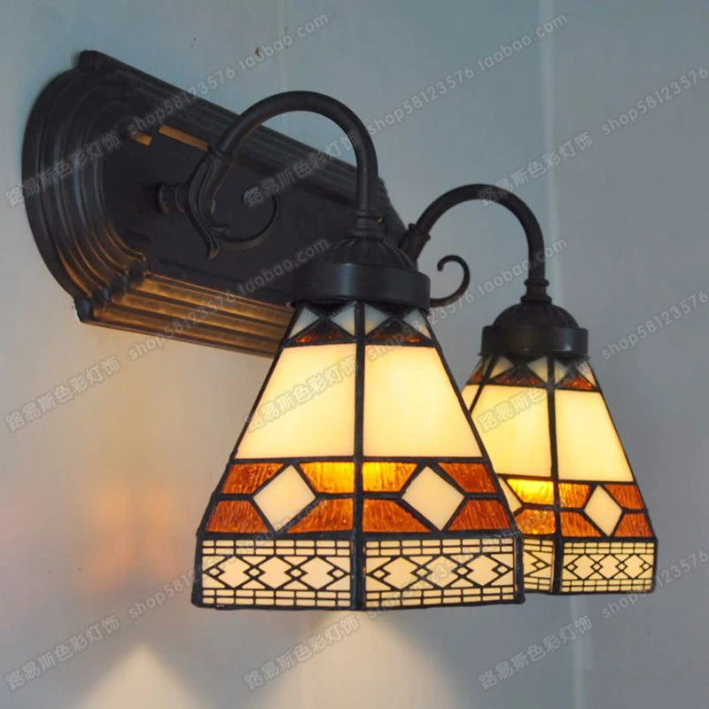 miroir mural double en verre avec lampes rétro décoratif pour jardin - vue 3 sur 3