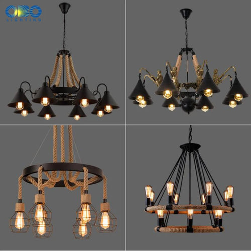 Vintage hemp rope chandelier with iron lampshade for bars and cafés - vue 3 sur 28
