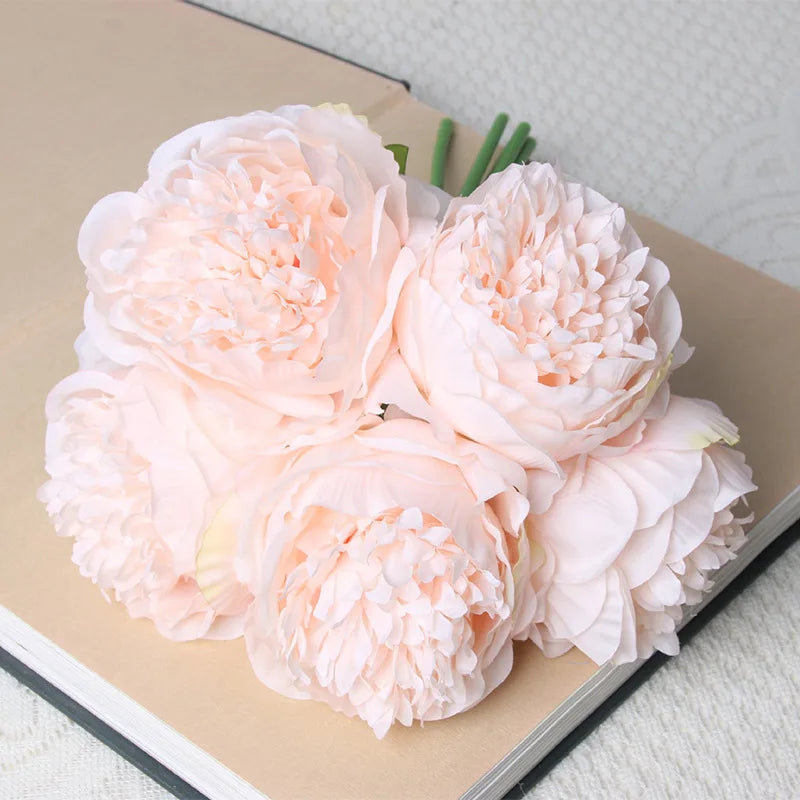 bouquet de 5 têtes de roses et pivoines artificielles pour mariage décoration - vue 9 sur 13