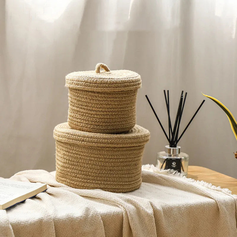 Cosmetics Storage Box, Jute Woven Basket, Tabletop Key, Remote Control Container, Snack Case with Cover Organizer, ECO Friendly - vue 3 sur 11