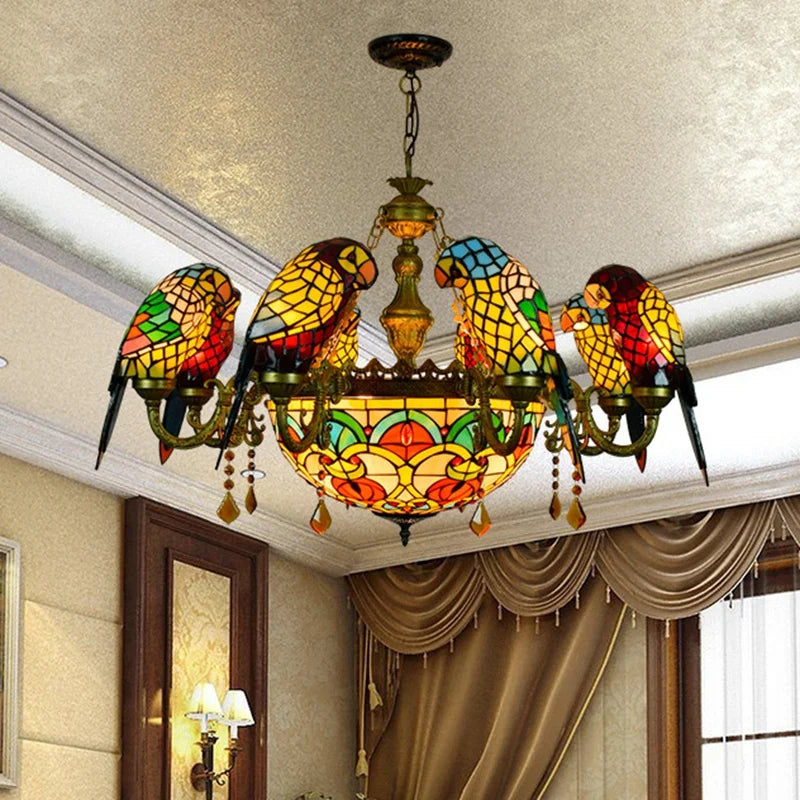 lustre tiffany vitrail lumineux oiseau perroquet design élégant intérieur - vue 3 sur 14