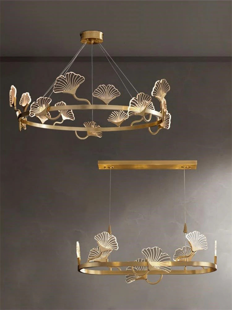 lustre en cuivre simple avec feuilles design led style chinois - vue 6 sur 9