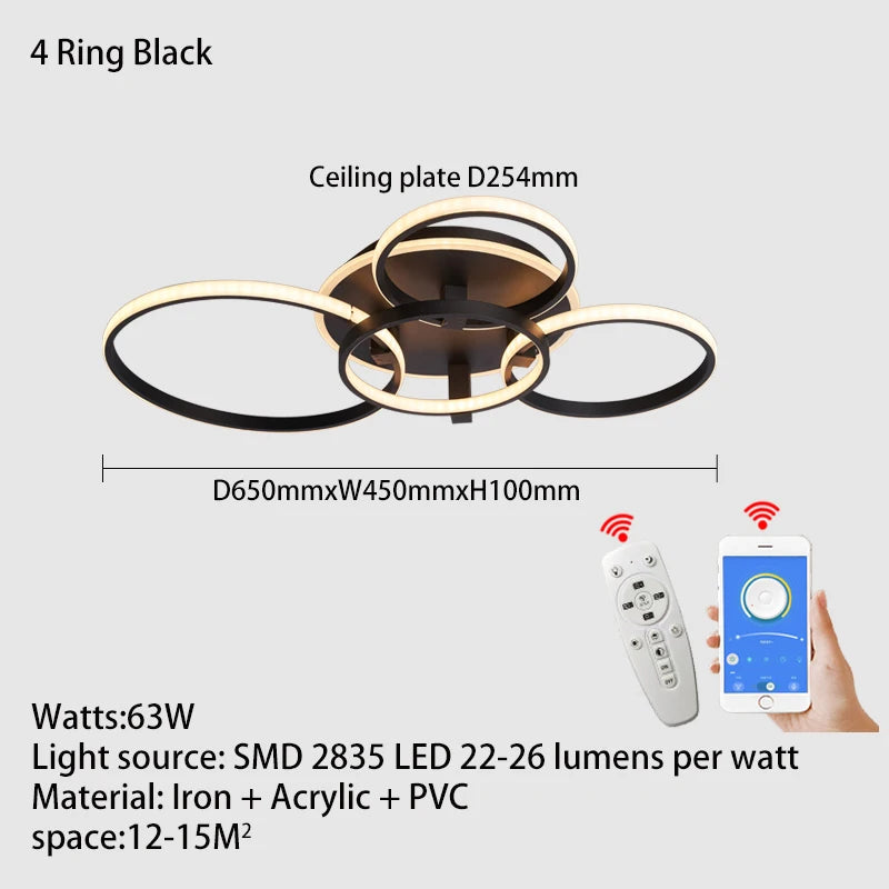 Lustre Led moderne anneau Led plafonniers salon chambre lumières plafond noir/blanc 1-5 anneau d'éclairage APP/lustre à distance - vue 14 sur 16