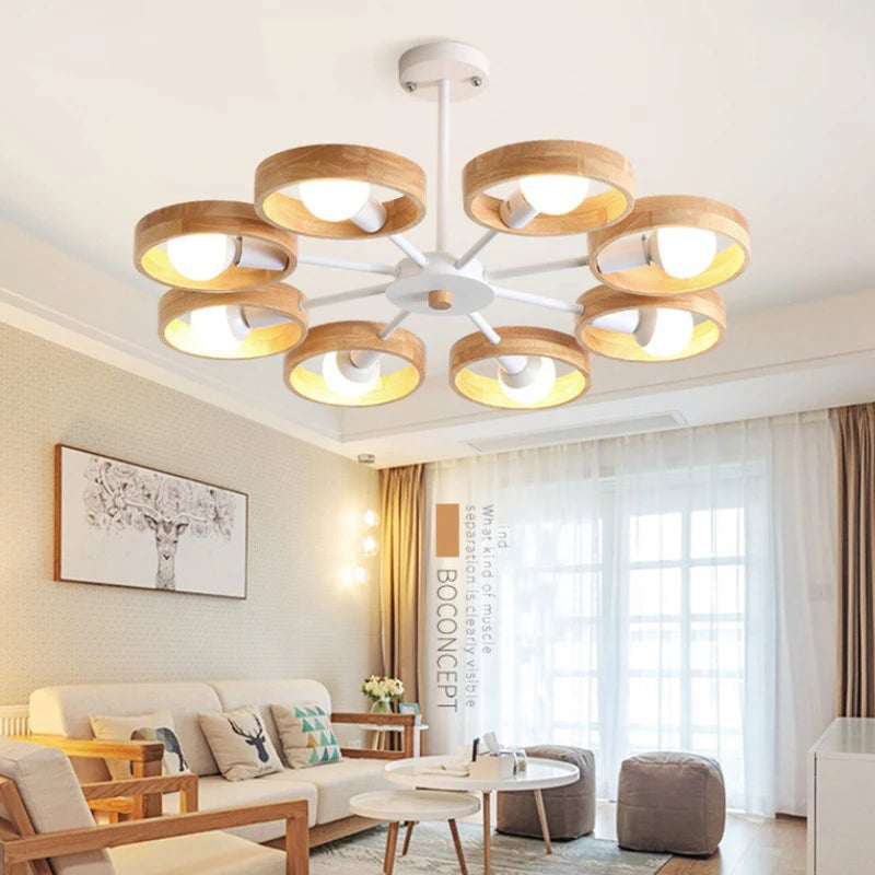 lustre nordique en bois avec abat-jour rond suspendu