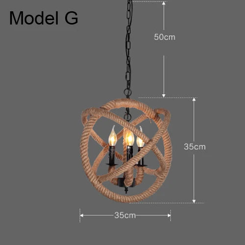 Vintage hemp rope chandelier with iron lampshade for bars and cafés - vue 21 sur 28