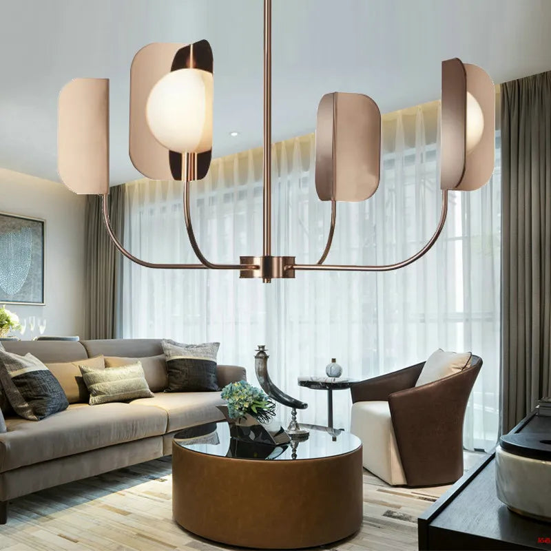lustre en métal avec feuilles éclairage en verre laiteux design luxueux - vue 5 sur 10