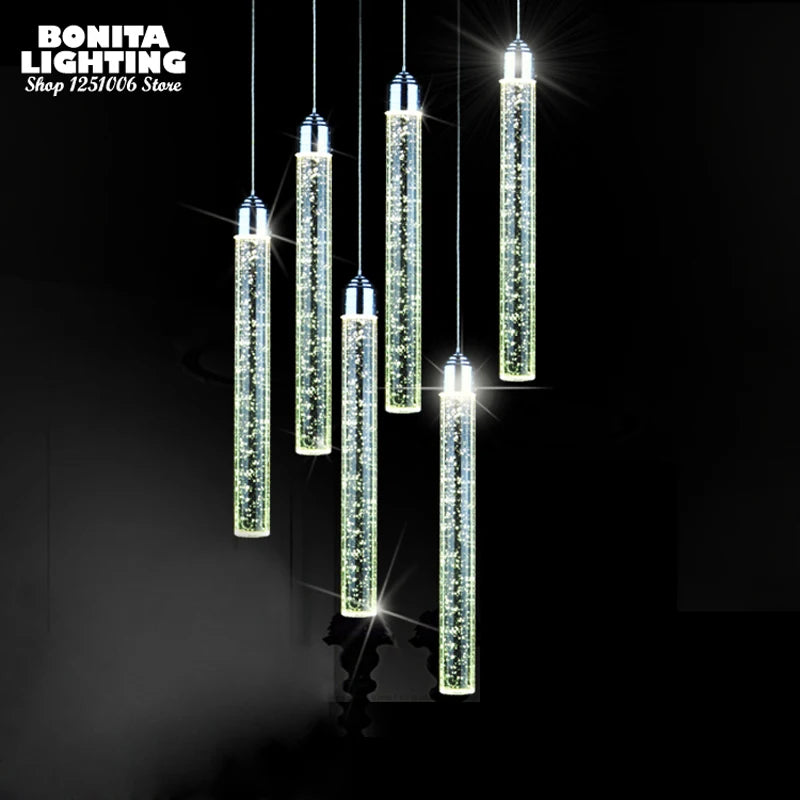 Suspension led moderne minimaliste bulle K9 lampes suspendues en cristal salle à manger cylindre long tube lampes suspendues haut plafond - vue 5 sur 8