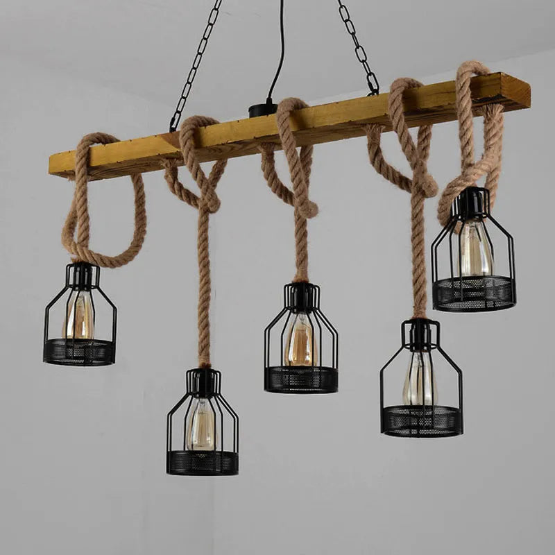 5 head loft pendant lamp with hemp rope and wood for dining room, restaurant or cafe vintage style chandelier - vue 4 sur 8